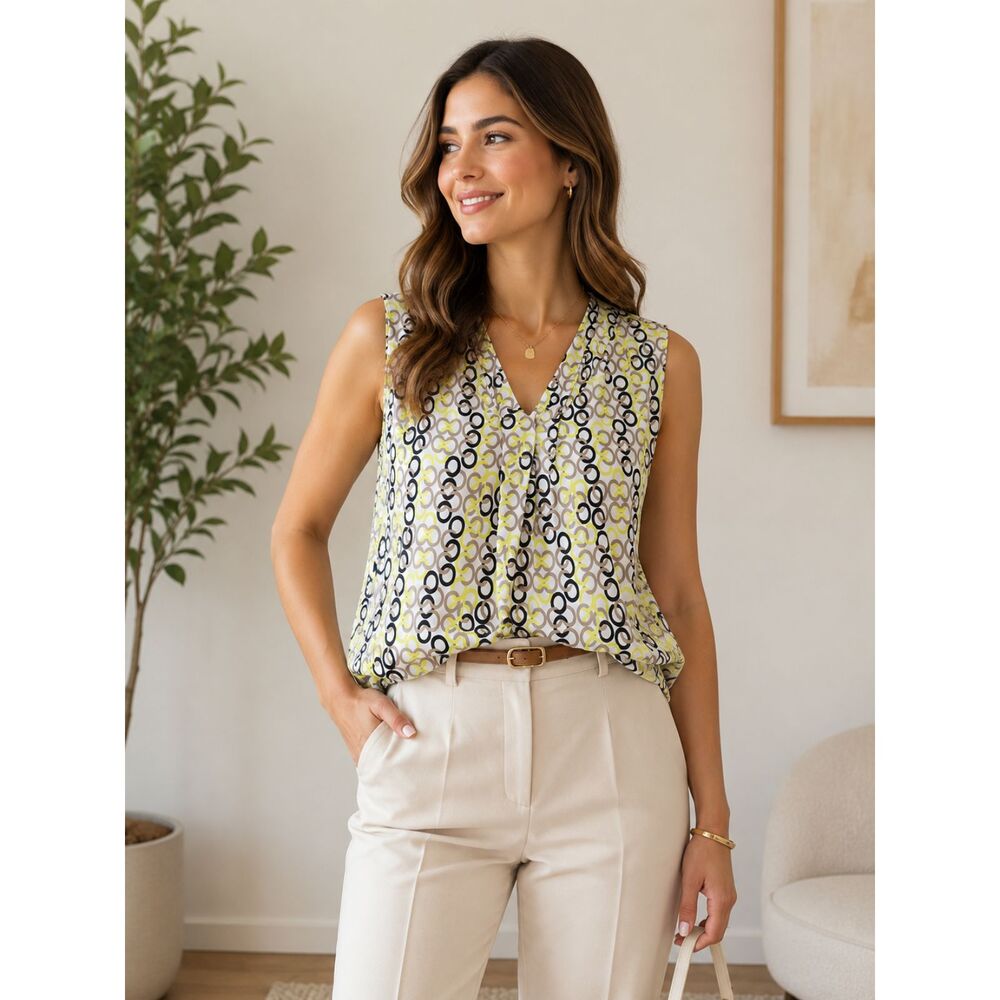 Dana Buchman XL Sleeveless Geometric Print Blouse Stretch Career Casual Top